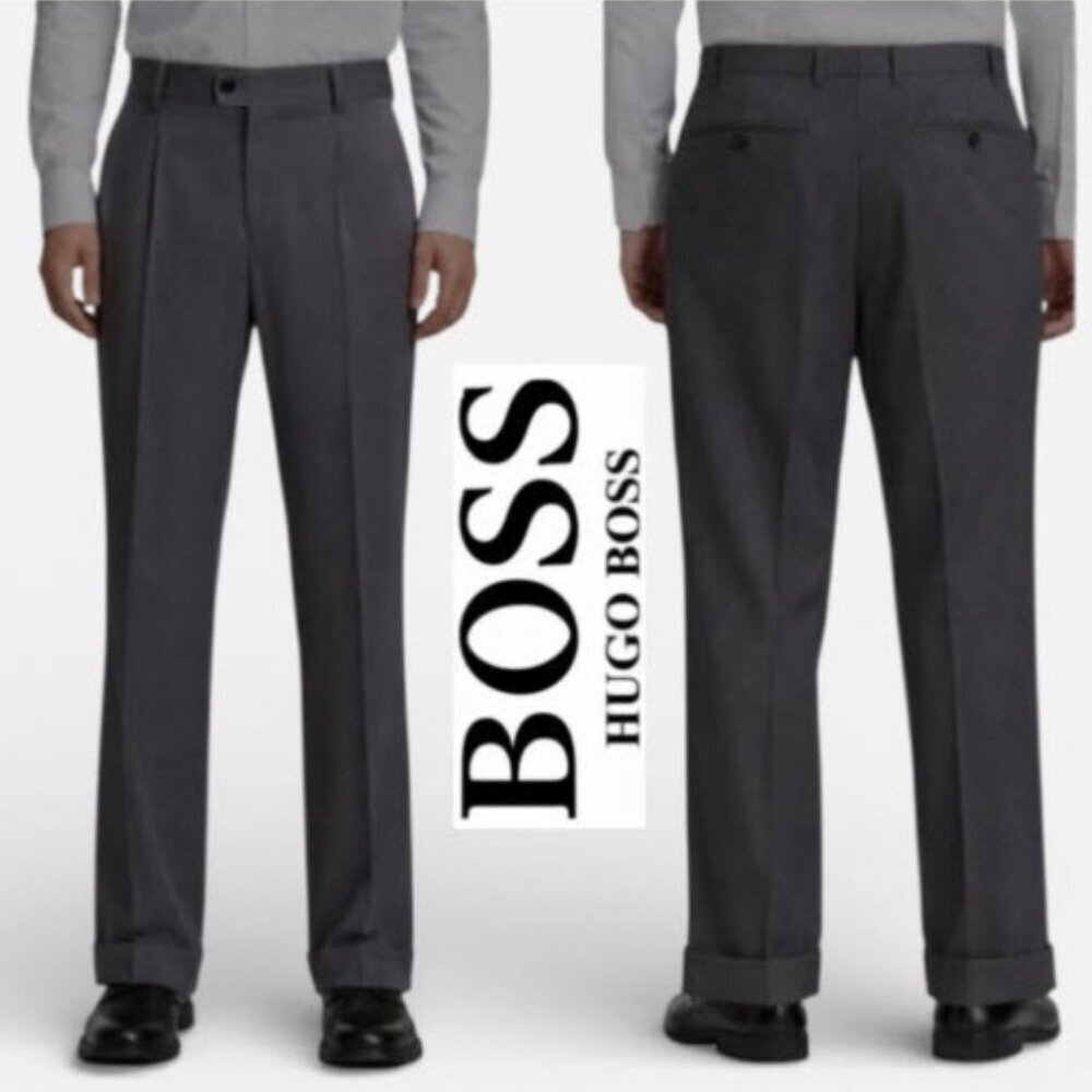 Hugo Boss Grey Wool Pleated Trousers Pants Relaxed Cuffed 38R Work Designer